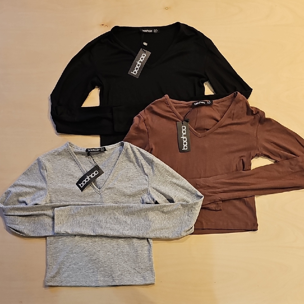Boohoo V-Neck Long Sleeve Tops - Lot Of Three - Black, Gray, Brown